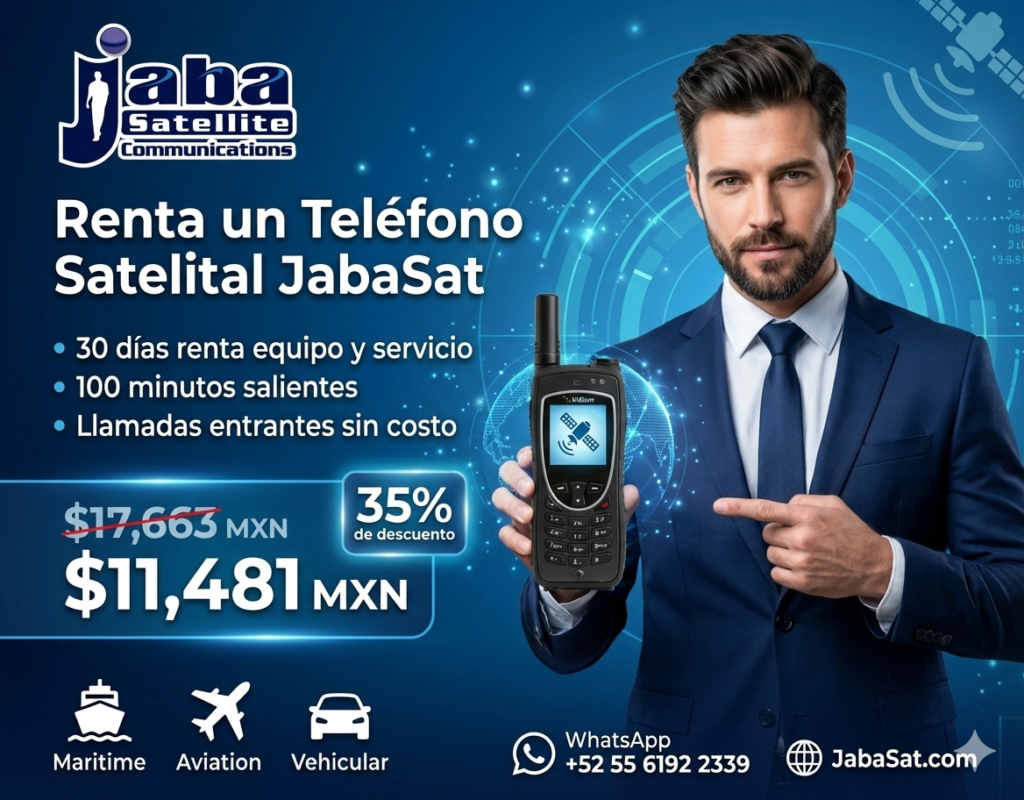 Renta un Telefono Satelital jabasat y un hombre de traje
